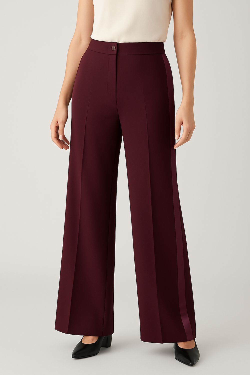 VICOLO - pantalone a palazzo in crepe elasticizzato con bottone e bande laterali in raso e tasche laterali TF0305 - bordeaux