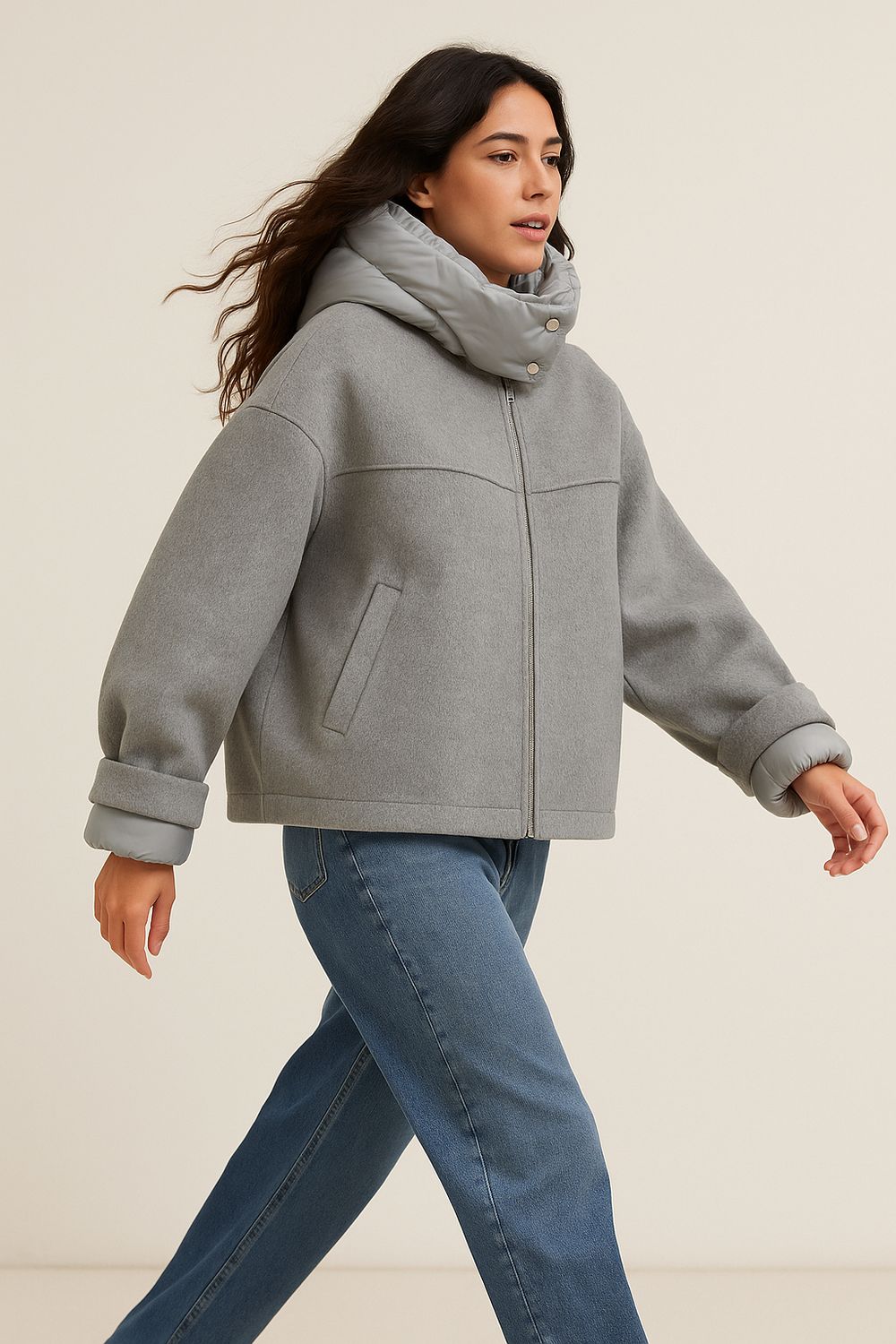 HAVE ONE - bomber hand Made in lana con cappuccio e polsi rimovibili in piumino KCT-P014 - grigio