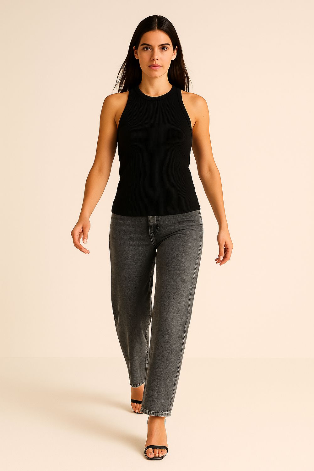 VICOLO - canotta a costina elasticizzata girocollo UF0039 - nero