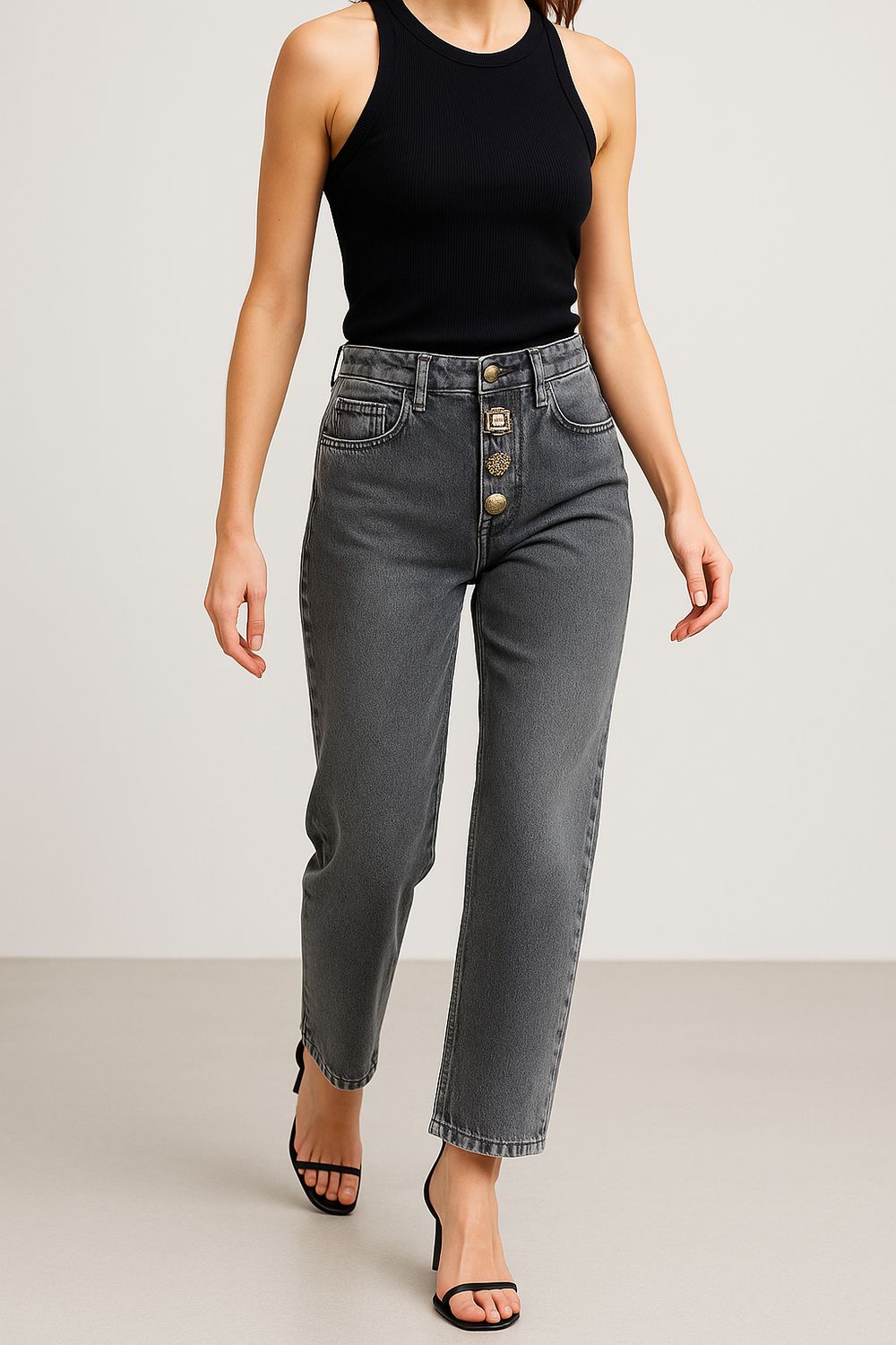 VICOLO- jeans Zoe bottoni gioiello in tela ferma DF5043 - nero