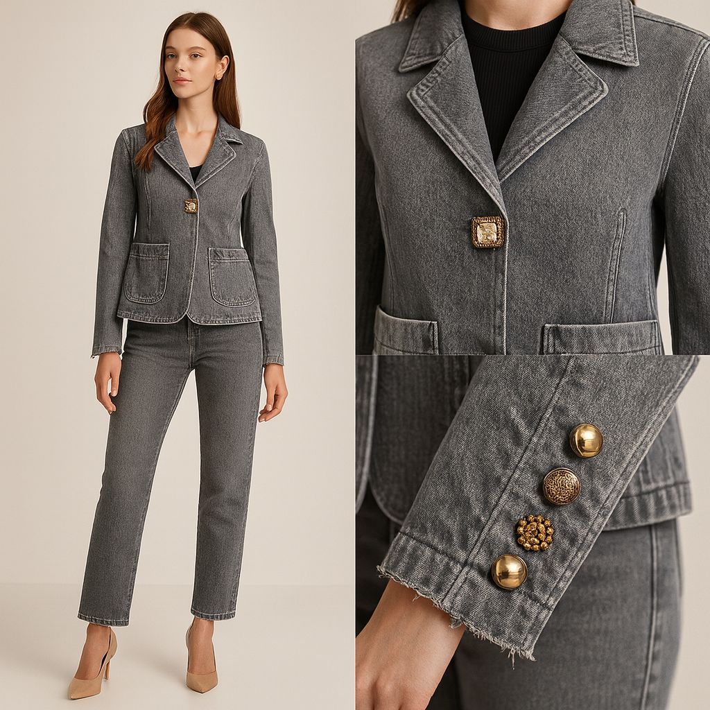 VICOLO - giacca in tela ferma denim con bottoni gioiello sul davanti e sulle maniche svasata YLY DF5044- nero