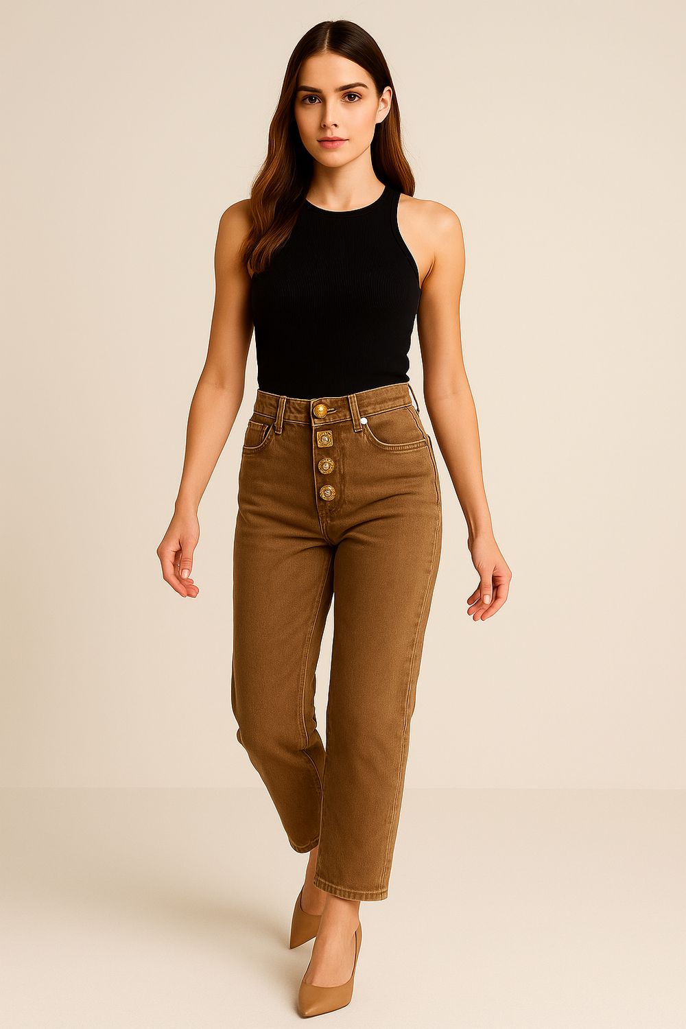 VICOLO - jeans in tessuto fermo bottoni gioiello ZOE DF5056 - camel