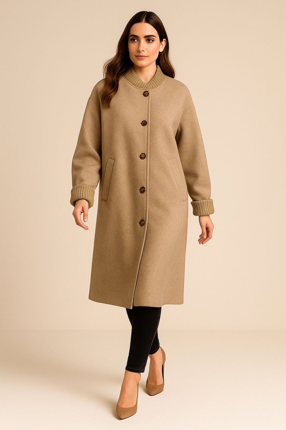 VICOLO - cappotto hand Made over con bottoni dietro e polso in maglia TF0027 - beige