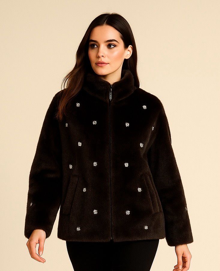 VICOLO - giacca in eco pelliccia con pietre e  TF0047 - moro