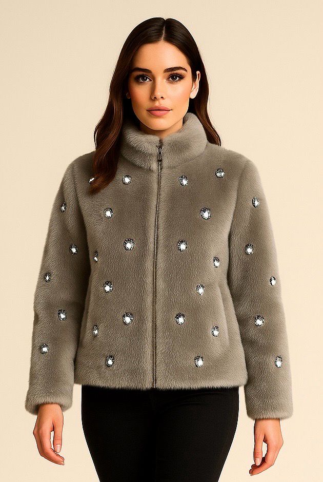 VICOLO - giacca in eco pelliccia con pietre TF0047 - Tortora