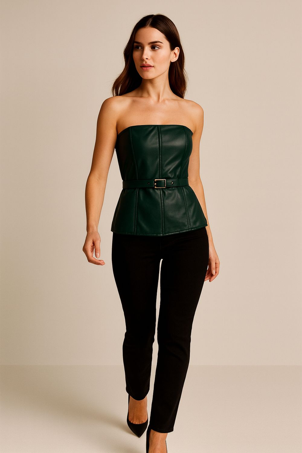 TENSIONE IN - top in ecopelle avviato alasticizzato con chiusura dietro e cinturino CQ488 - verde
