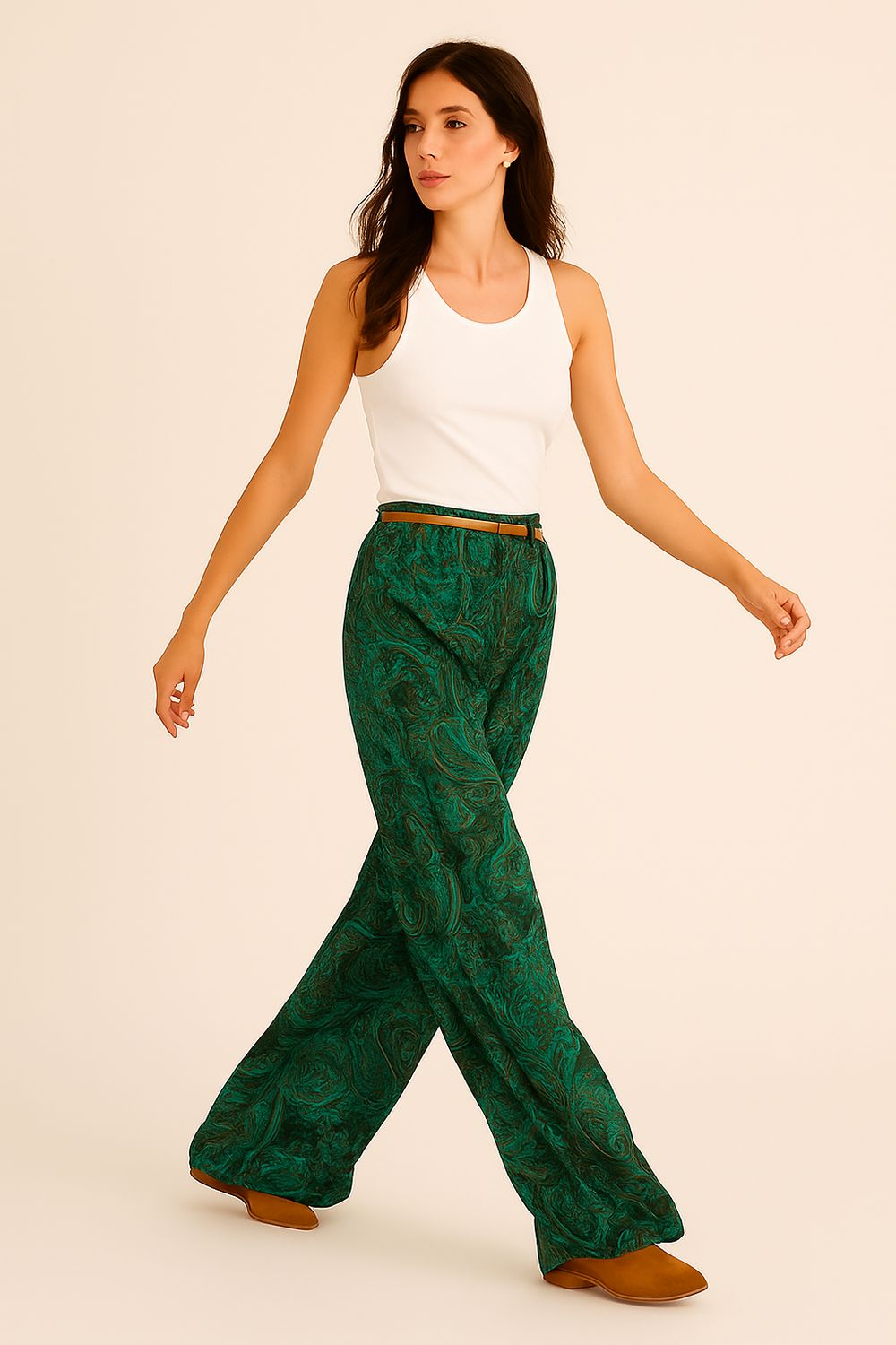 MOTEL - pantalone a palazzo con elastico in vita fantasia W25P020 - verde