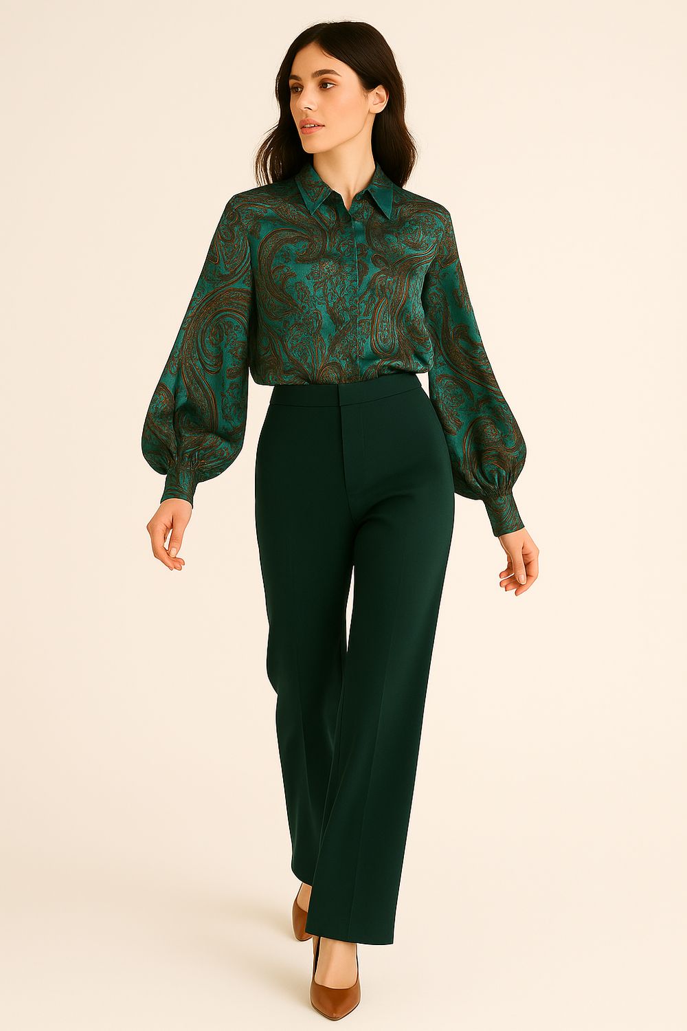 MOTEL - camicia pura viscosa con stampa paisley maniche a sbuffo bottoni foderati W25C019 - verde