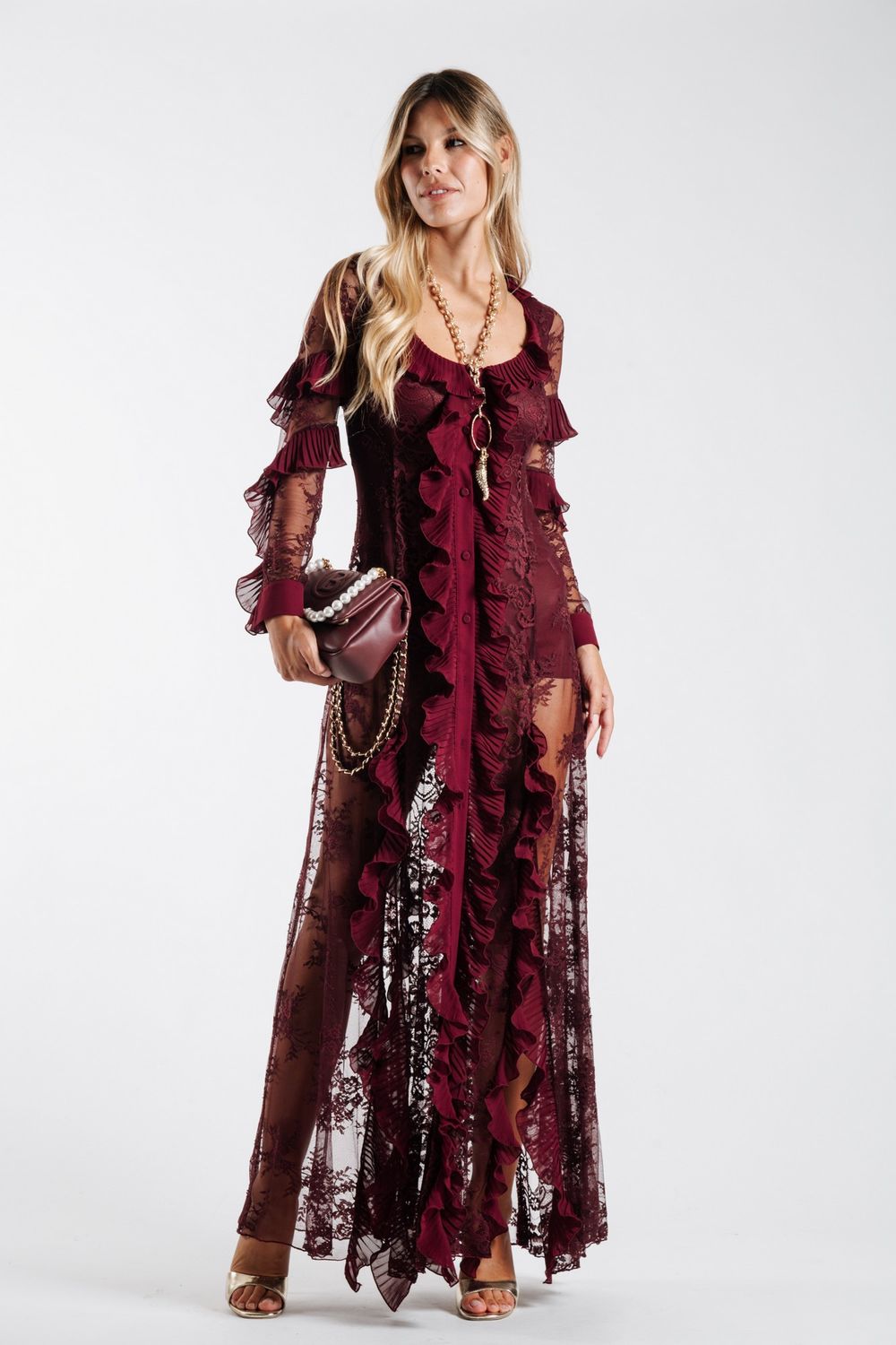 BABYLON - Abito in pizzo con rouches XMF0216 - Bordeaux
