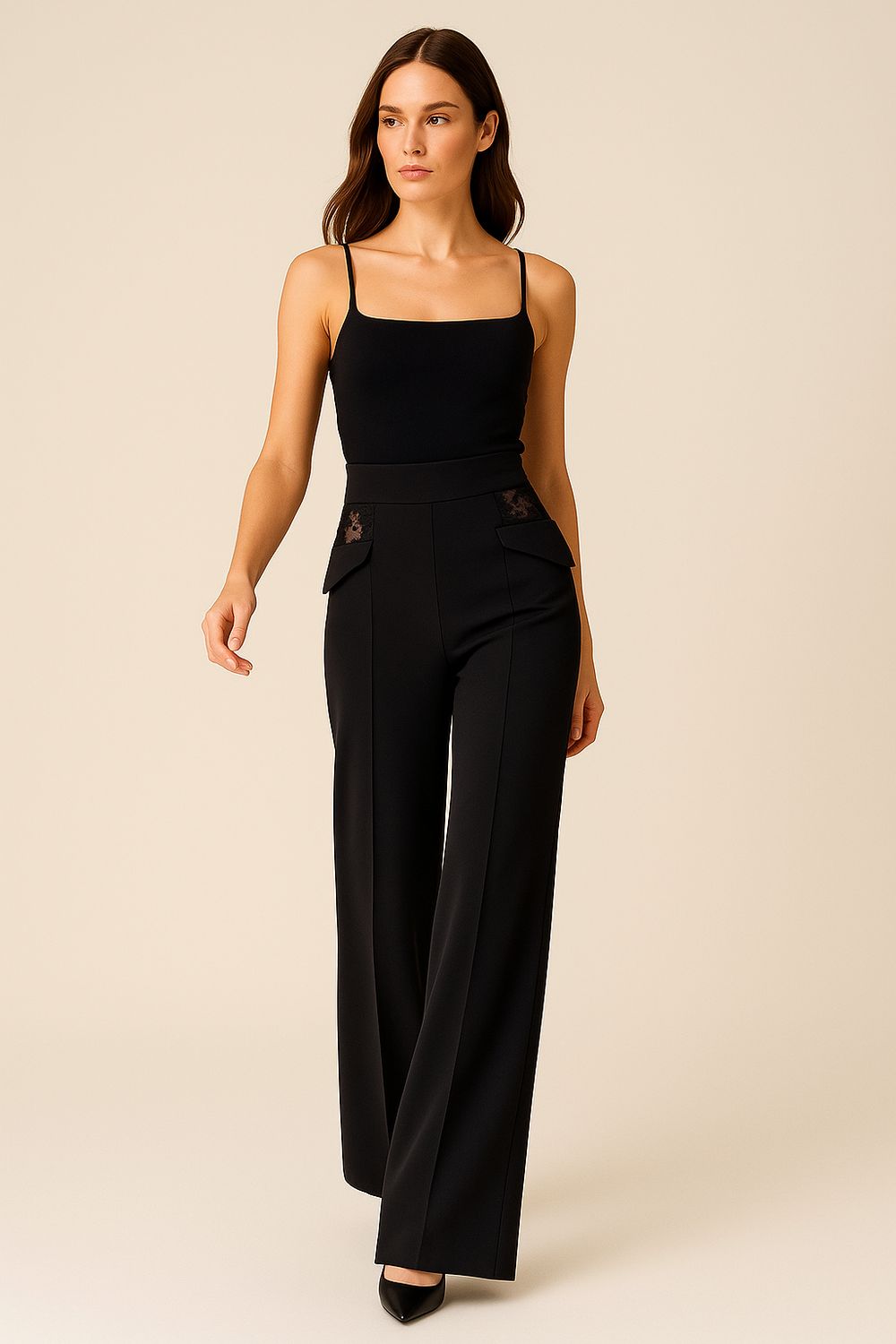 BABYLON - pantalone a palazzo vita alta con inserti in pizzo davanti e dietro X E0071 - nero