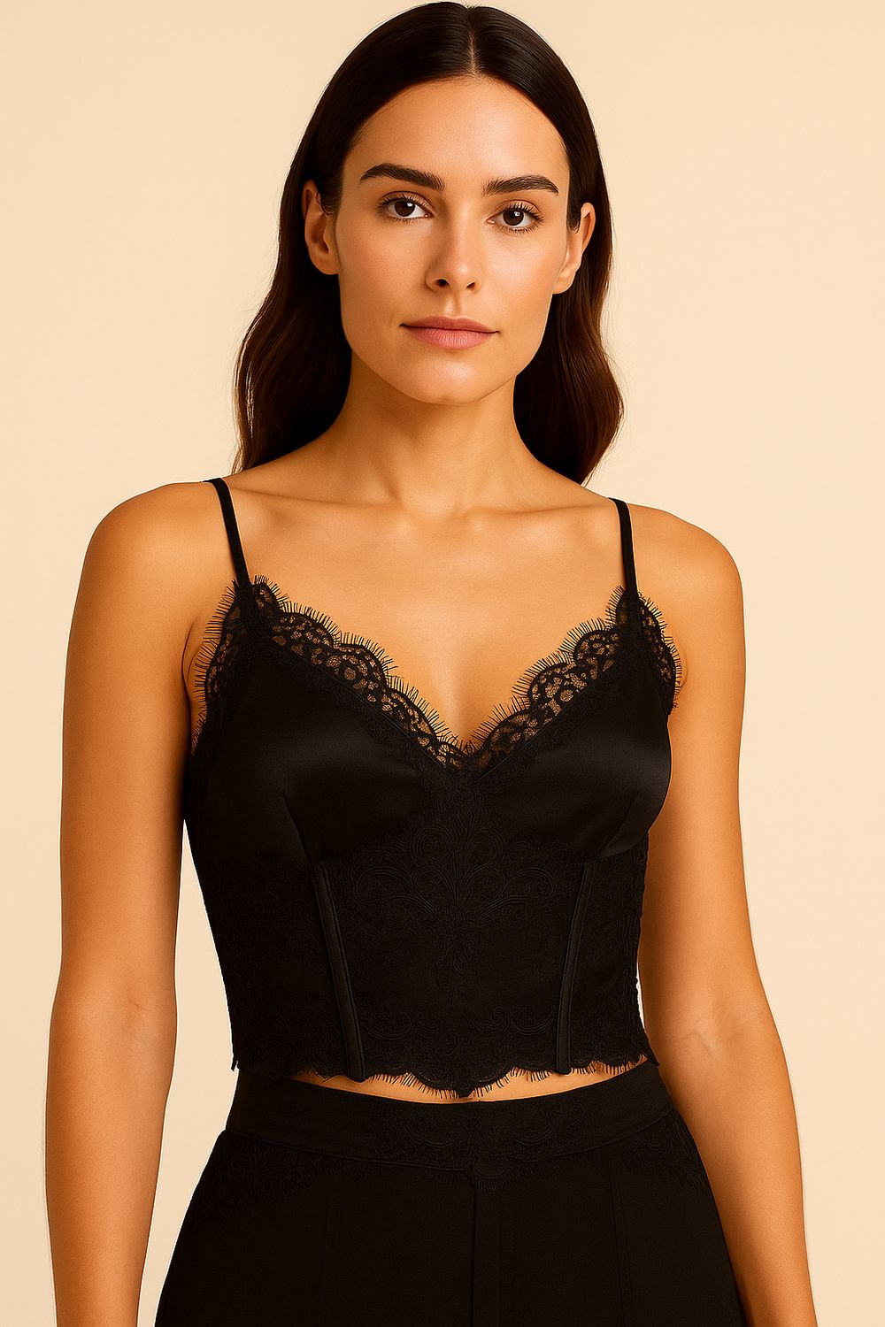 BABYLON - top in raso e pizzo X EN0515 - nero