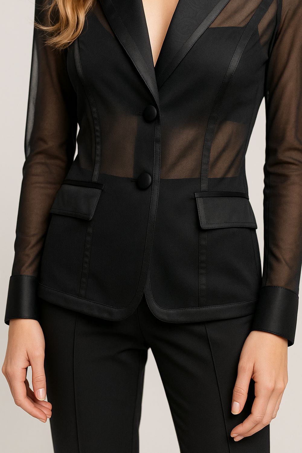 BABYLON - giacca in toulle elasticizzata avvitata con inserti e bottoni in raso X MF0405 - nero