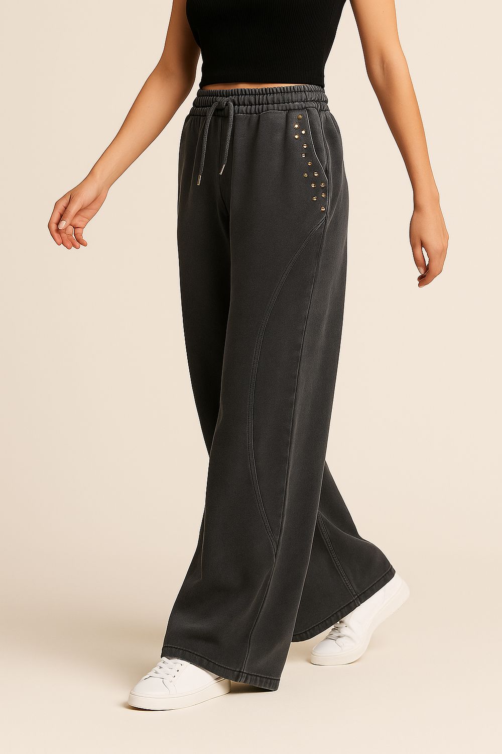 MOTEL - pantalone in felpa garzata a palazzo con elastico in vita e borchie e pietre DH376 - grigio