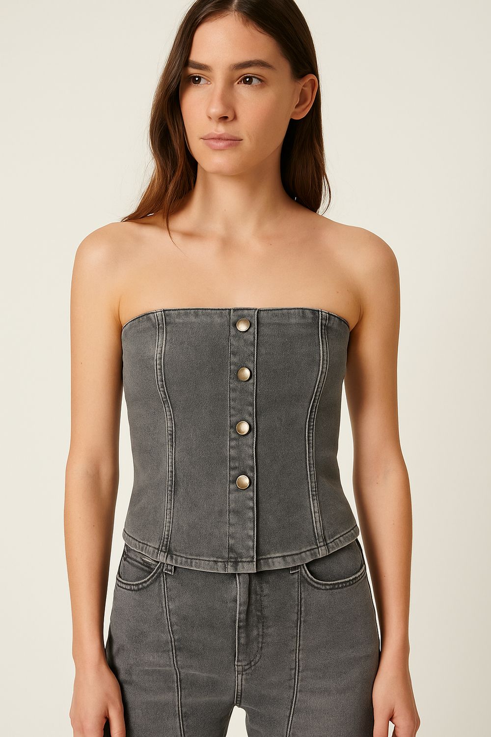 MOTEL - top a fascia con bottoni oro e arricciatura dietro W25T195 - nero