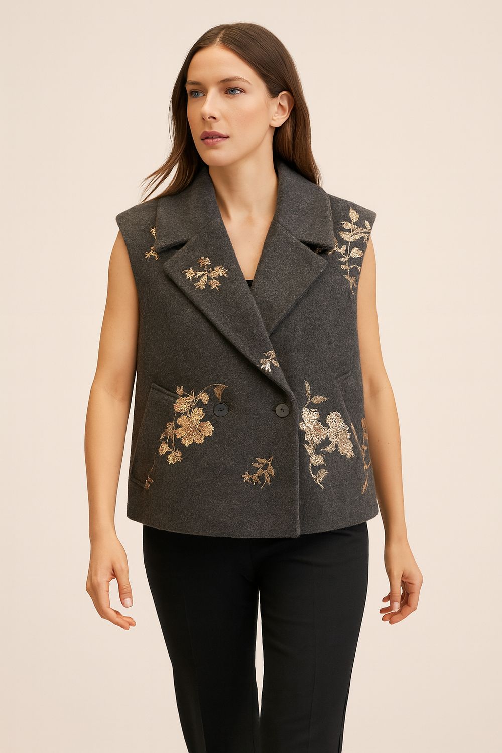 MOTEL - gilet in panno con applicazioni doppio petto W25J425 - grigio