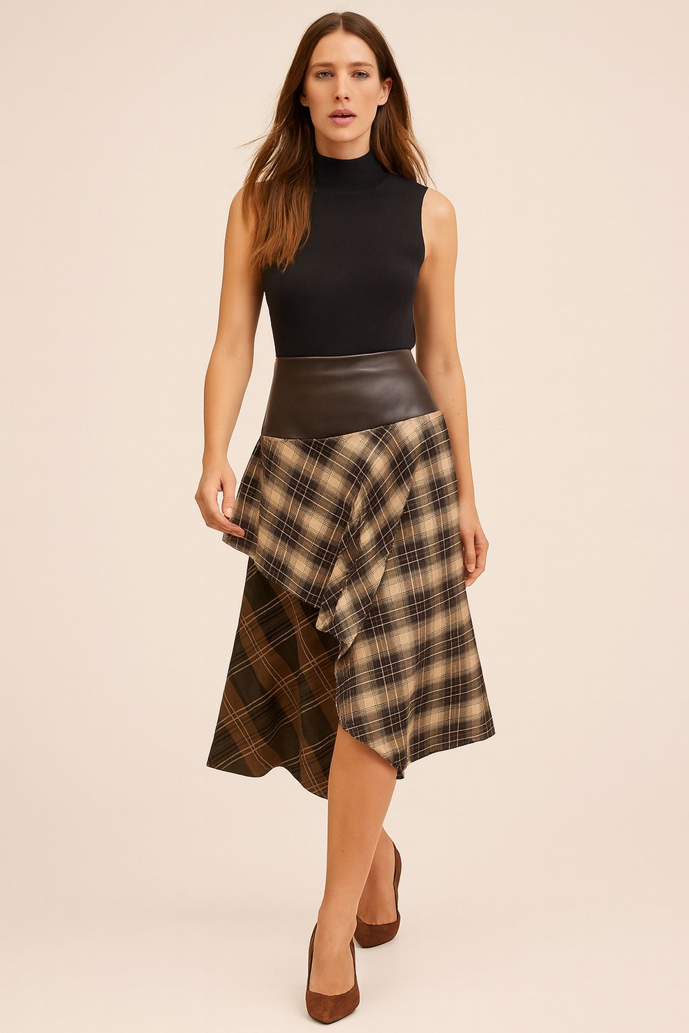 VICOLO - gonna check con inserto in ecopelle TF1255 - moro