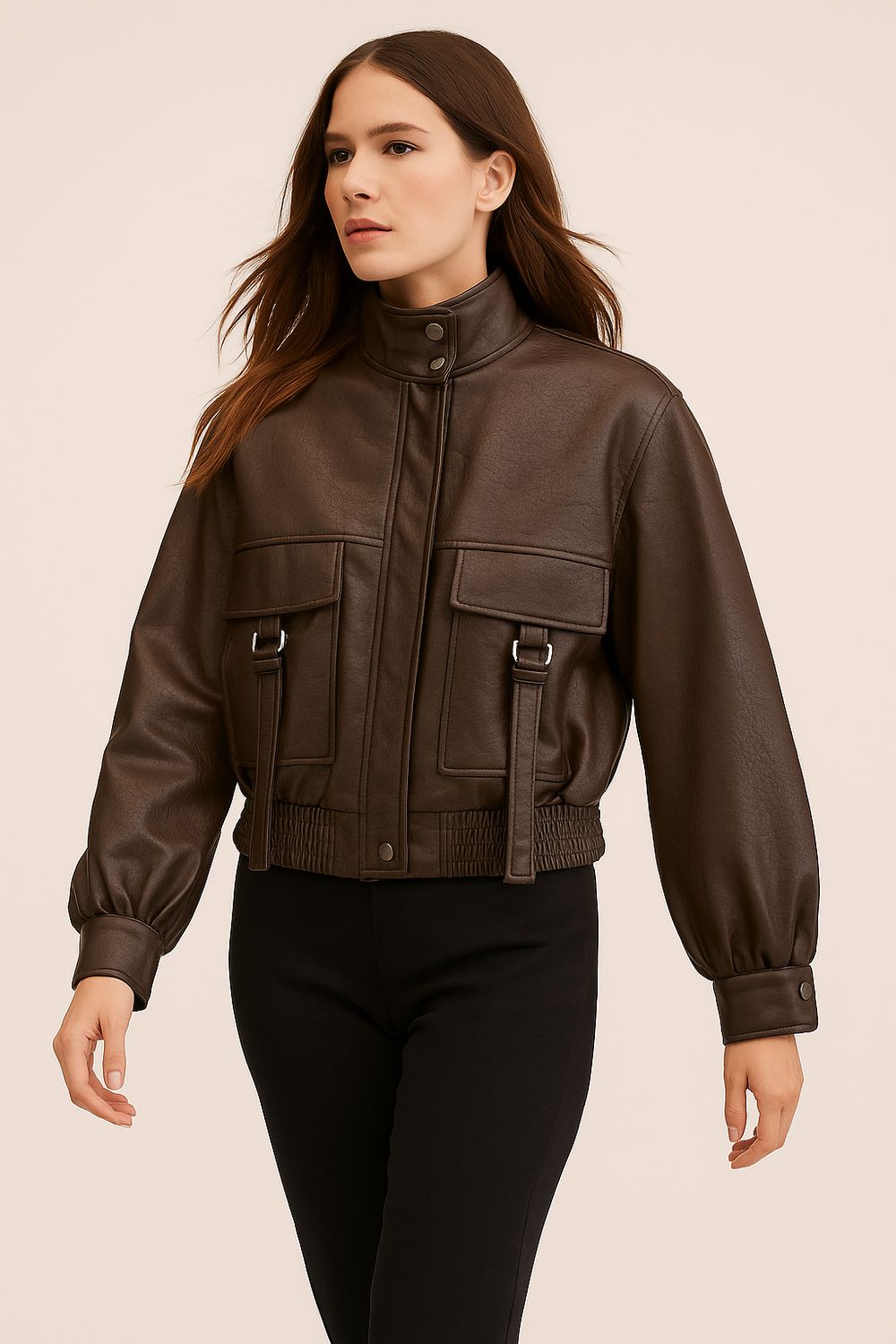 MOTEL - giacca in ecopelle operata con tasche PG775 - moro