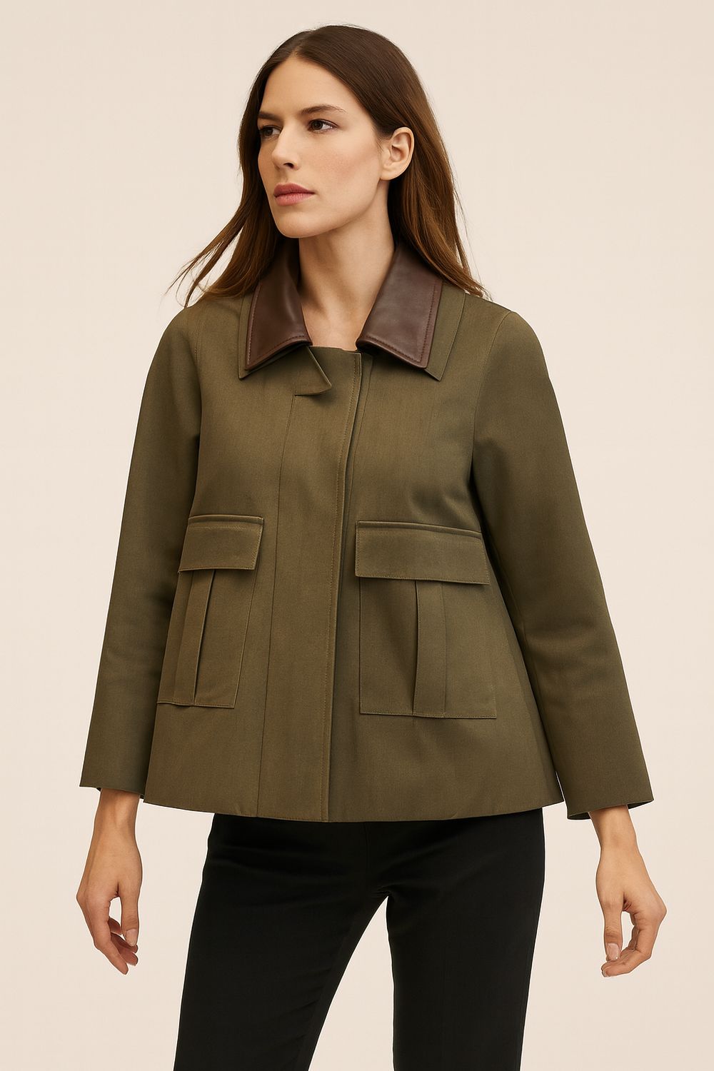 VICOLO - giacca svasata con collo rimovibile in ecopelle TF0843 - verde/moro