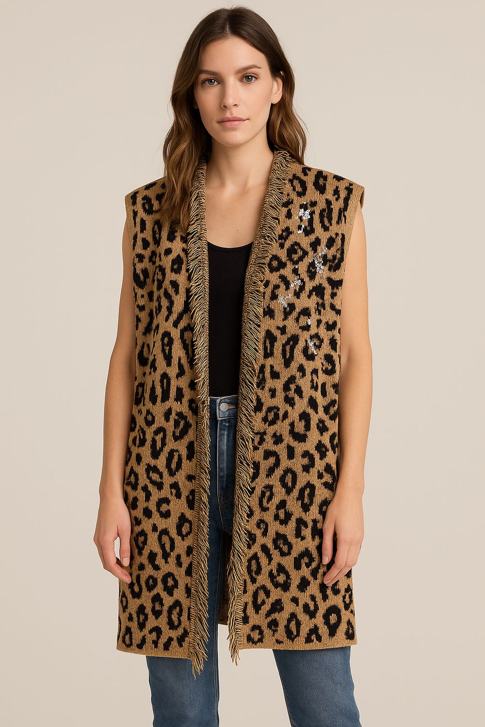 HAVE ONE - gilet in maglia maculato con frange e pietre LFP-P025 - beige