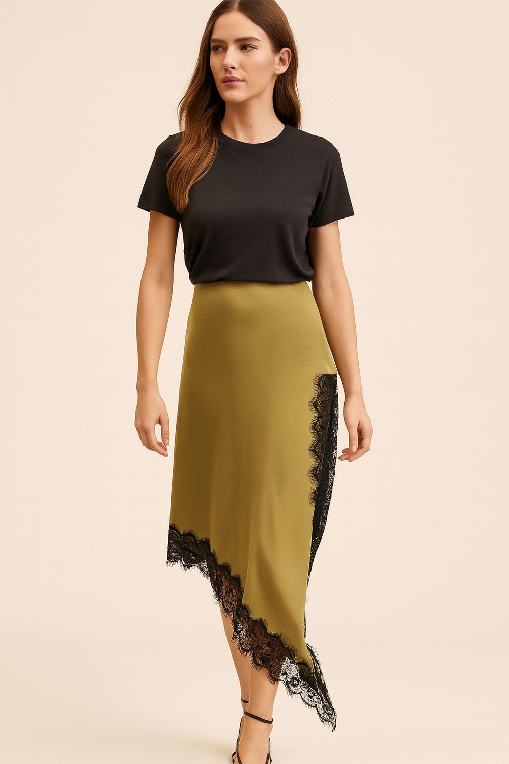 VICOLO - gonna asimmetrica in satin e pizzo taglio sbiego spacco laterale TF1195 - olio