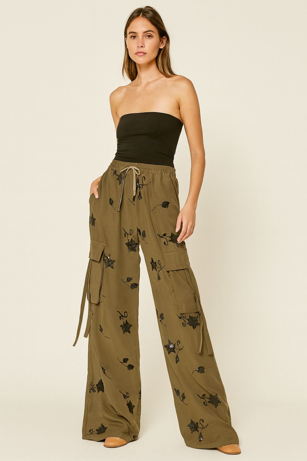 MOTEL - pantalone in viscosa fluido con inserti in paillettes elastico in vita tasconi laterali - w25P483 - verde militare/nero