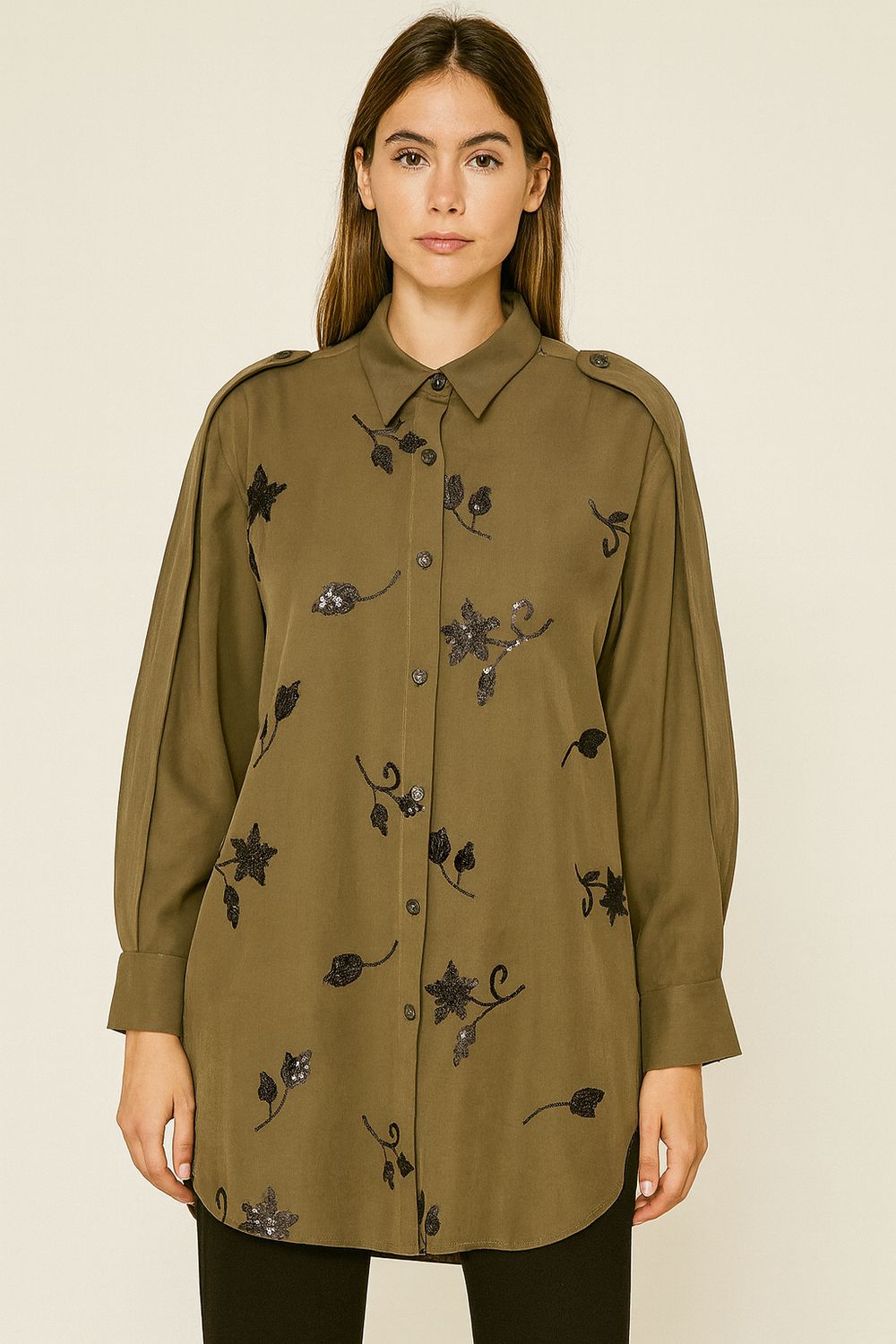 MOTEL - camicia n viscosa con mostrine lunghe e inserti in paillettes W25C508 - verde militare/nero