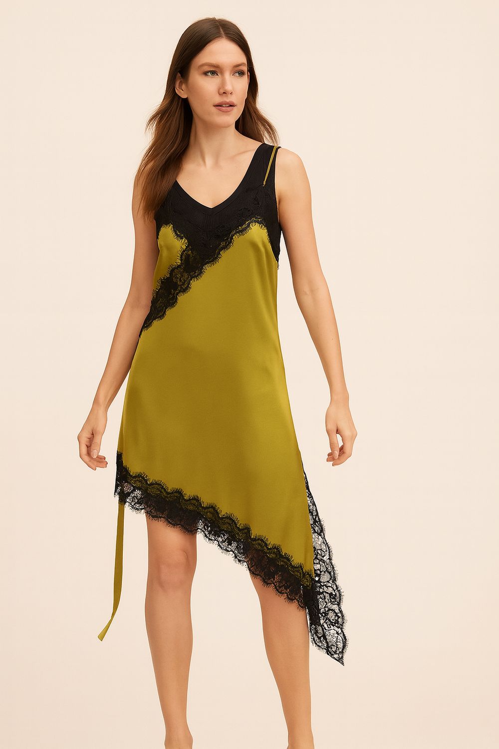 VICOLO - abito lingerie in satin e pizzo .TF1192 - olio/nero VICOLO - abito lingerie in satin e pizzo .TF1192 - olio/nero