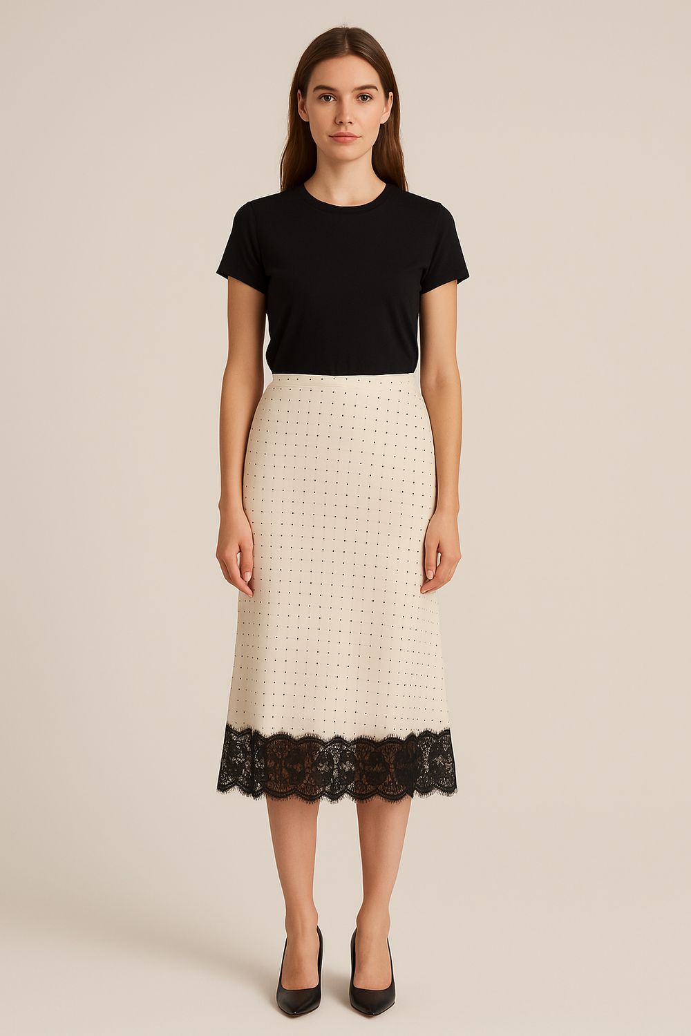 VICOLO - gonna linguette con pizzo in punto spillo TF1190 - panna/nero