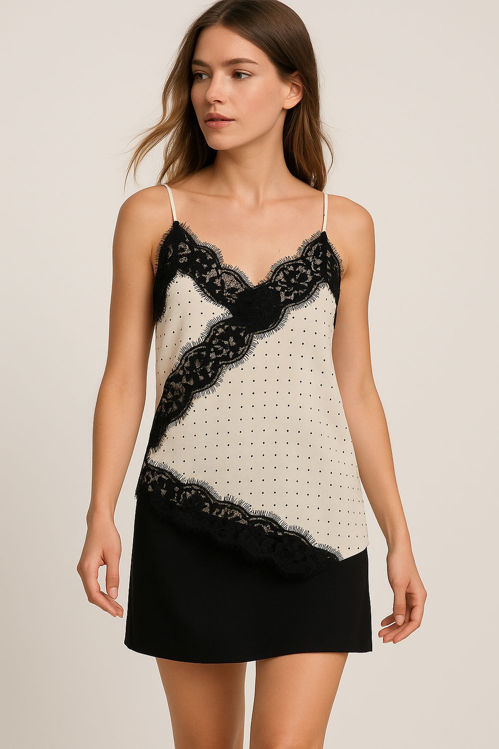 VICOLO - top in viscosa e pizzo a pois TF1191 - panna/nero