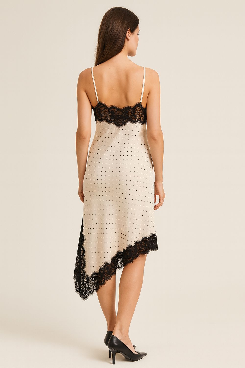 VICOLO - abito lingerie in viscosa con pizzo punto spillo TF1192 - panna /nero