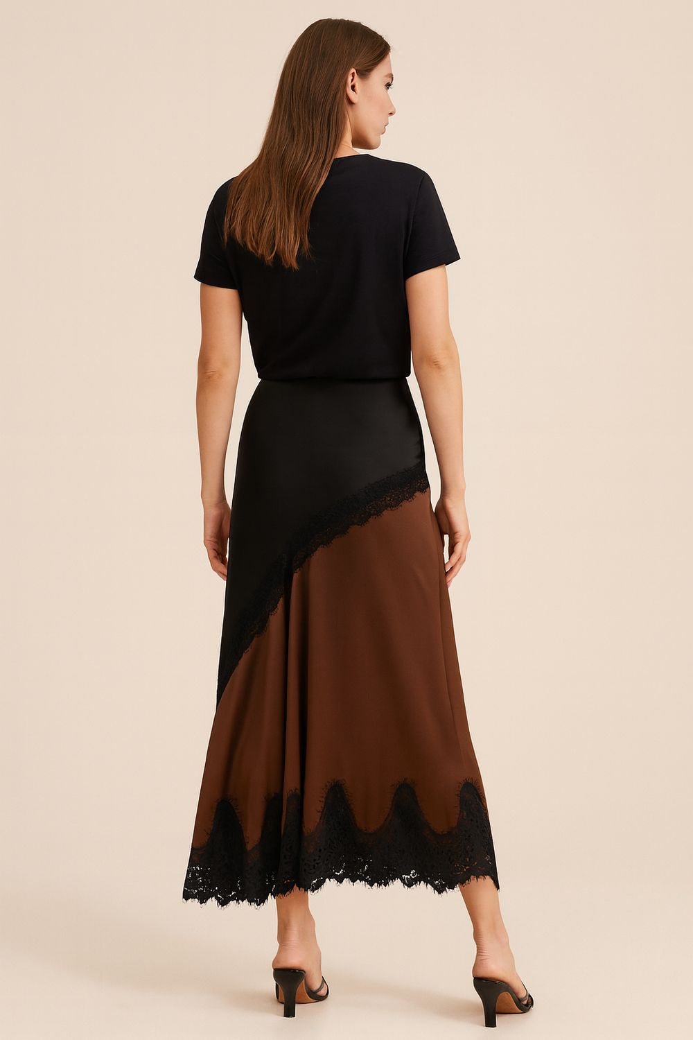 VICOLO - gonna lunga in satin e pizzo bicolore TF1249 - moro/nero