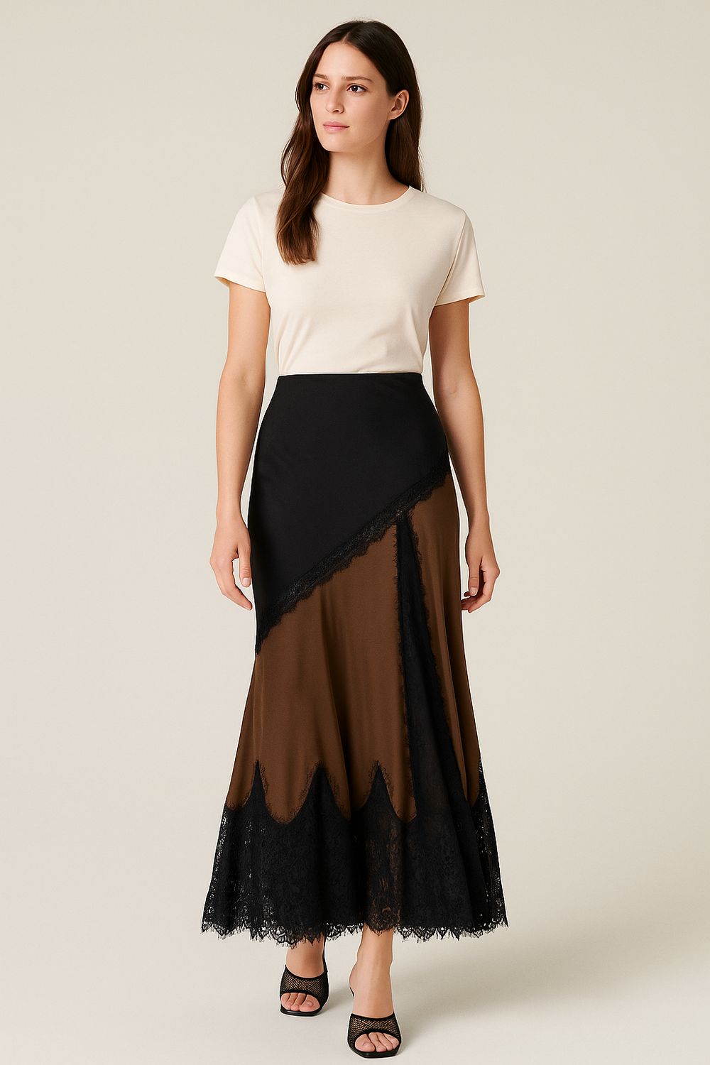 VICOLO - gonna lunga in satin e pizzo bicolore TF1249 - moro/nero