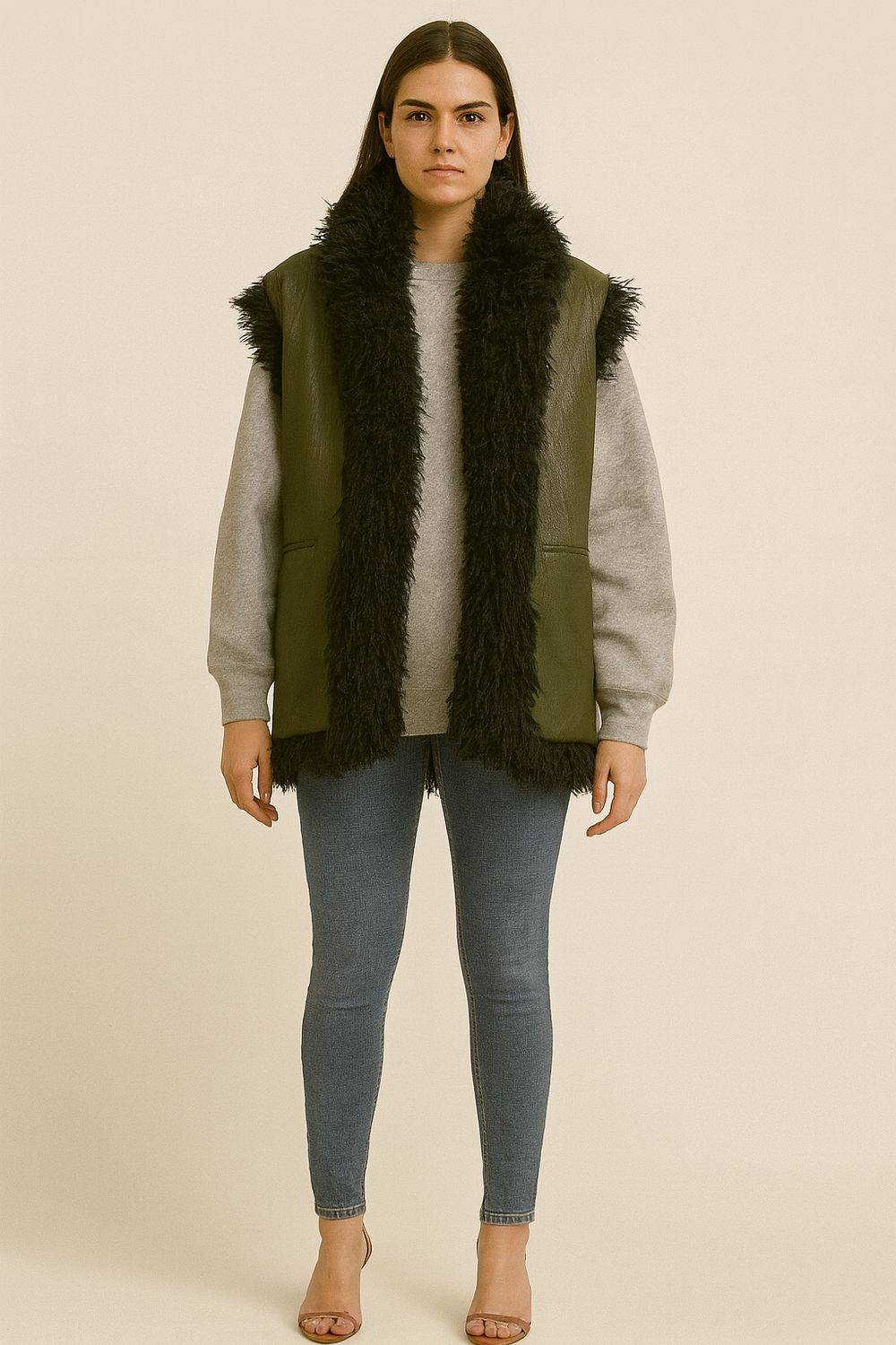 MOTEL - gilet in ecopelle e eco pelliccia  double face LS684 - verde/nero