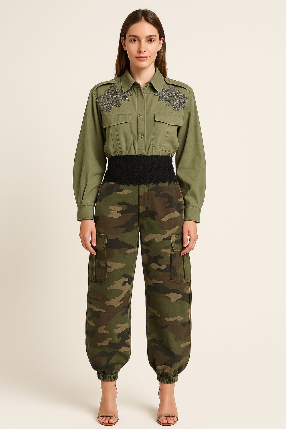 MOTEL - camicia con inserto in pizzo elasticizzato e ricami in perline 37628G - verde militare/nero