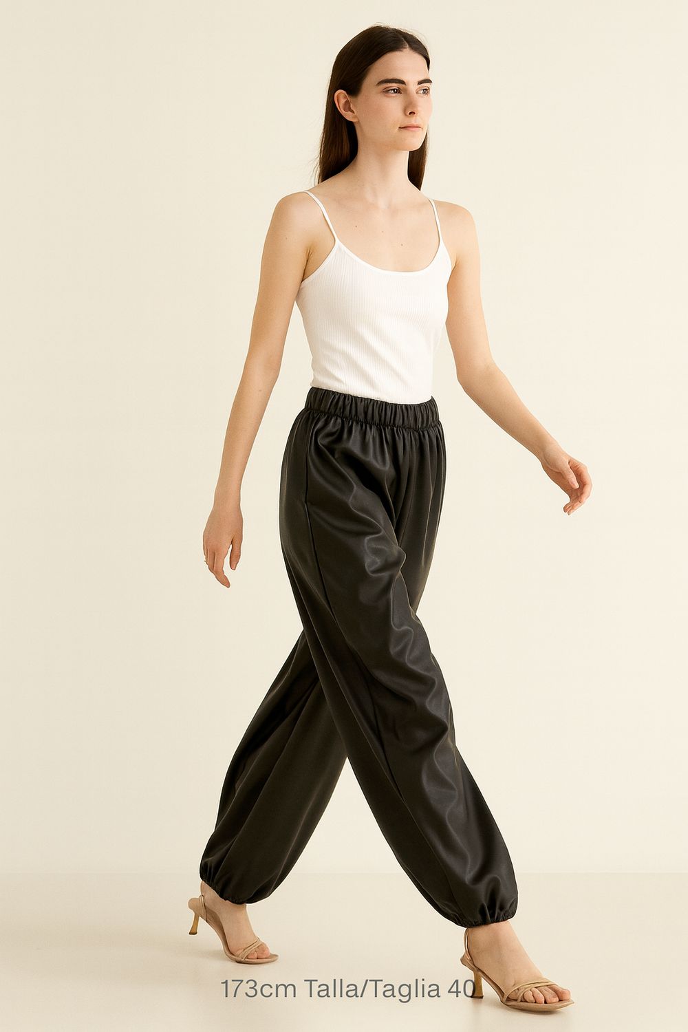 VICOLO - pantalone in ecopelle con elastico in vita e coulisse alla caviglia TF1243 - nero