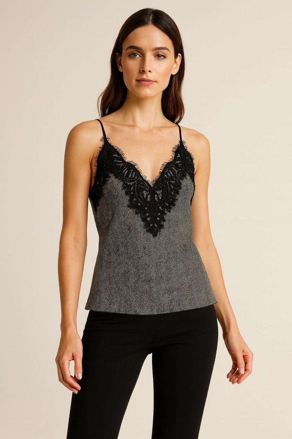 MOTEL - top spinato con inserto in pizzo e elastici dietro W25T435 - nero