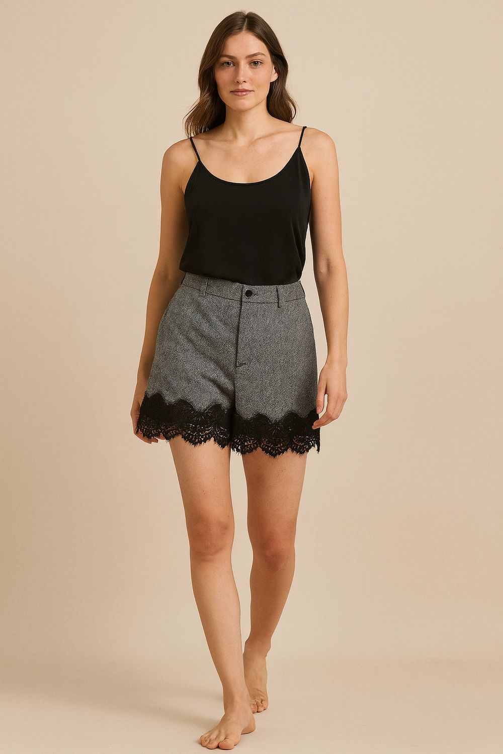 MOTEL - pantaloncino spinato con inserti in pizzo W25P465 - nero