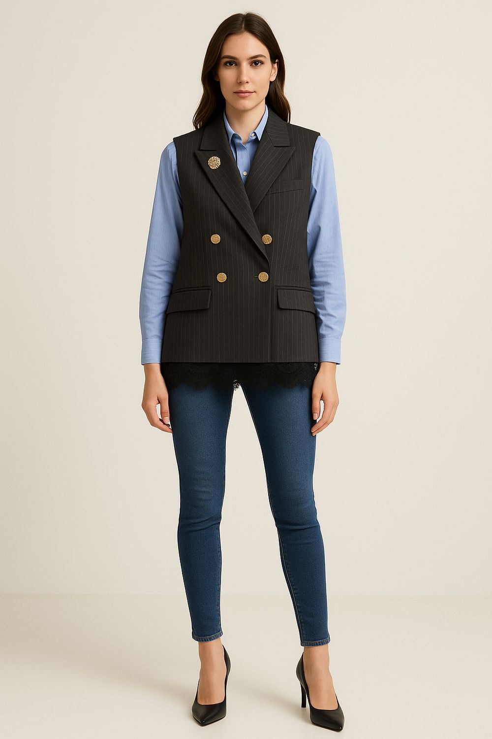 TENSIONE IN - gilet doppiopetto gessato con inserti in pizzo W25J610 - nero