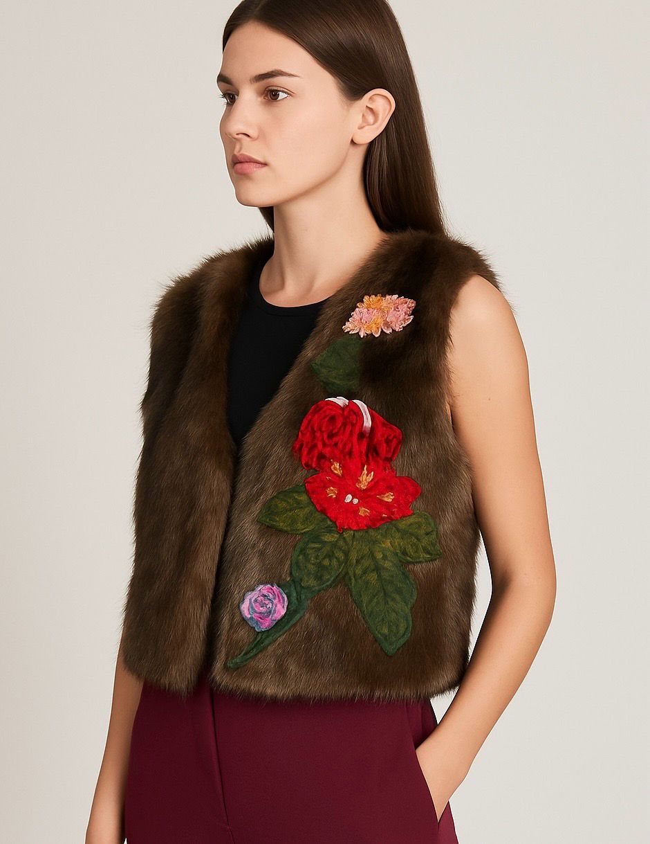 TENSIONE IN - gilet in pelliccia ecologica con applicazioni in lana ricamate 37673 - variante unica TENSIONE IN - gilet in pelliccia ecologica con applicazioni in lana ricamate 37673 - variante unica