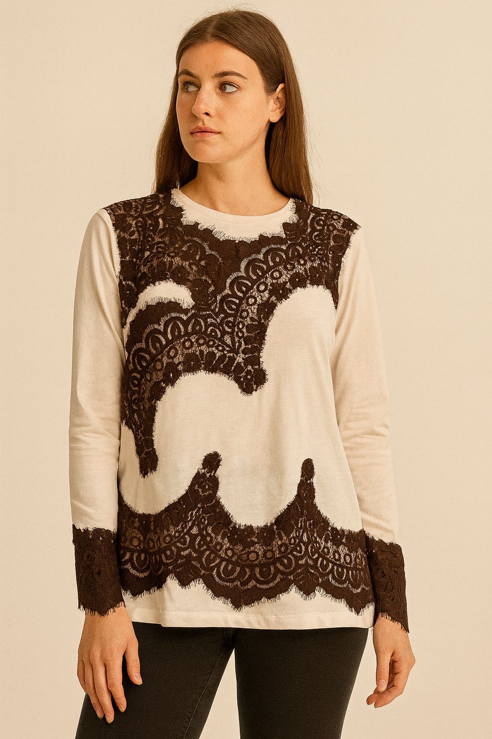 TENSIONE IN - t-shirt con inserti in pizzo 37775 - panna/moro