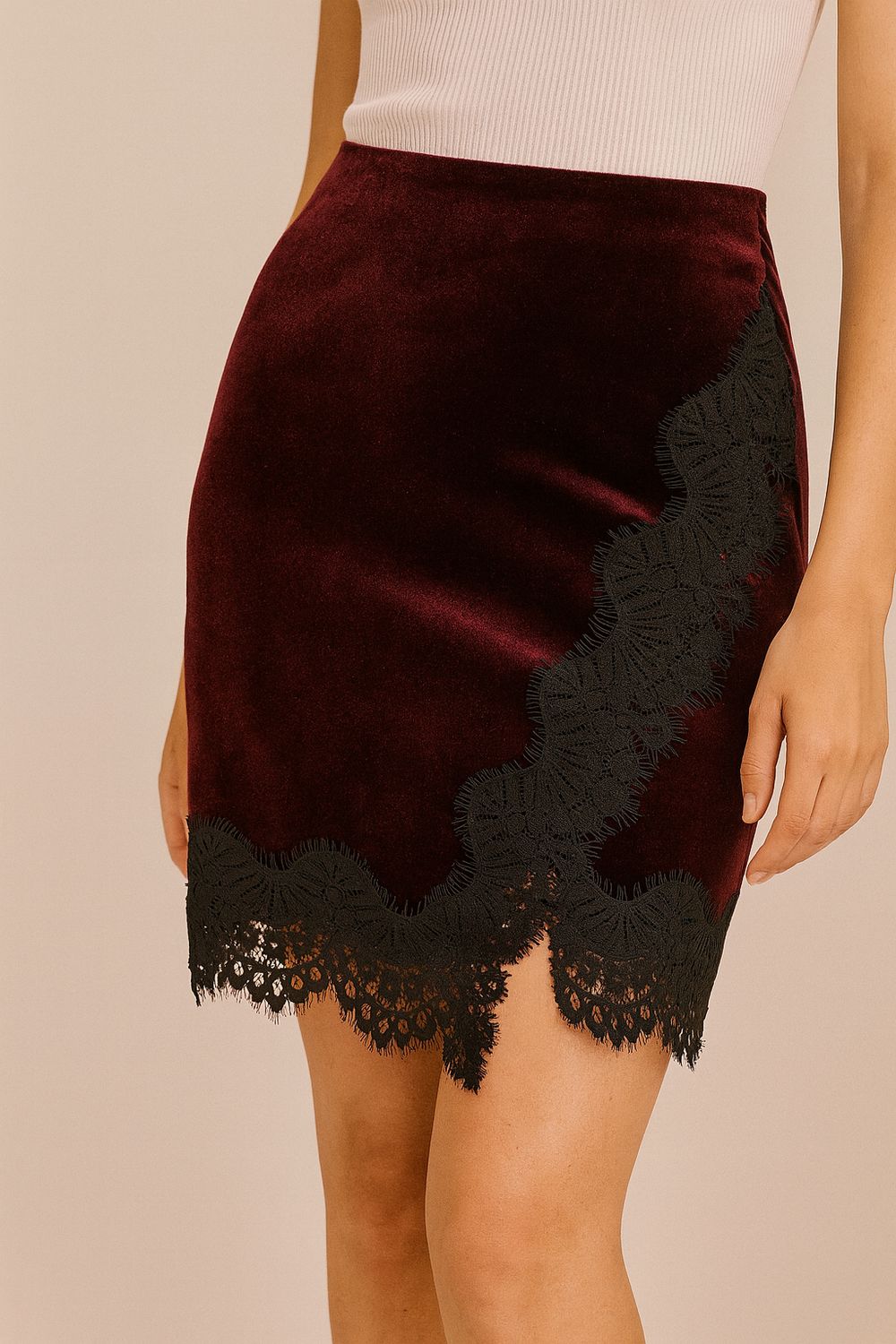 MOTEL - gonna in ciniglia elasticizzata e pizzo N50316MO - bordeaux