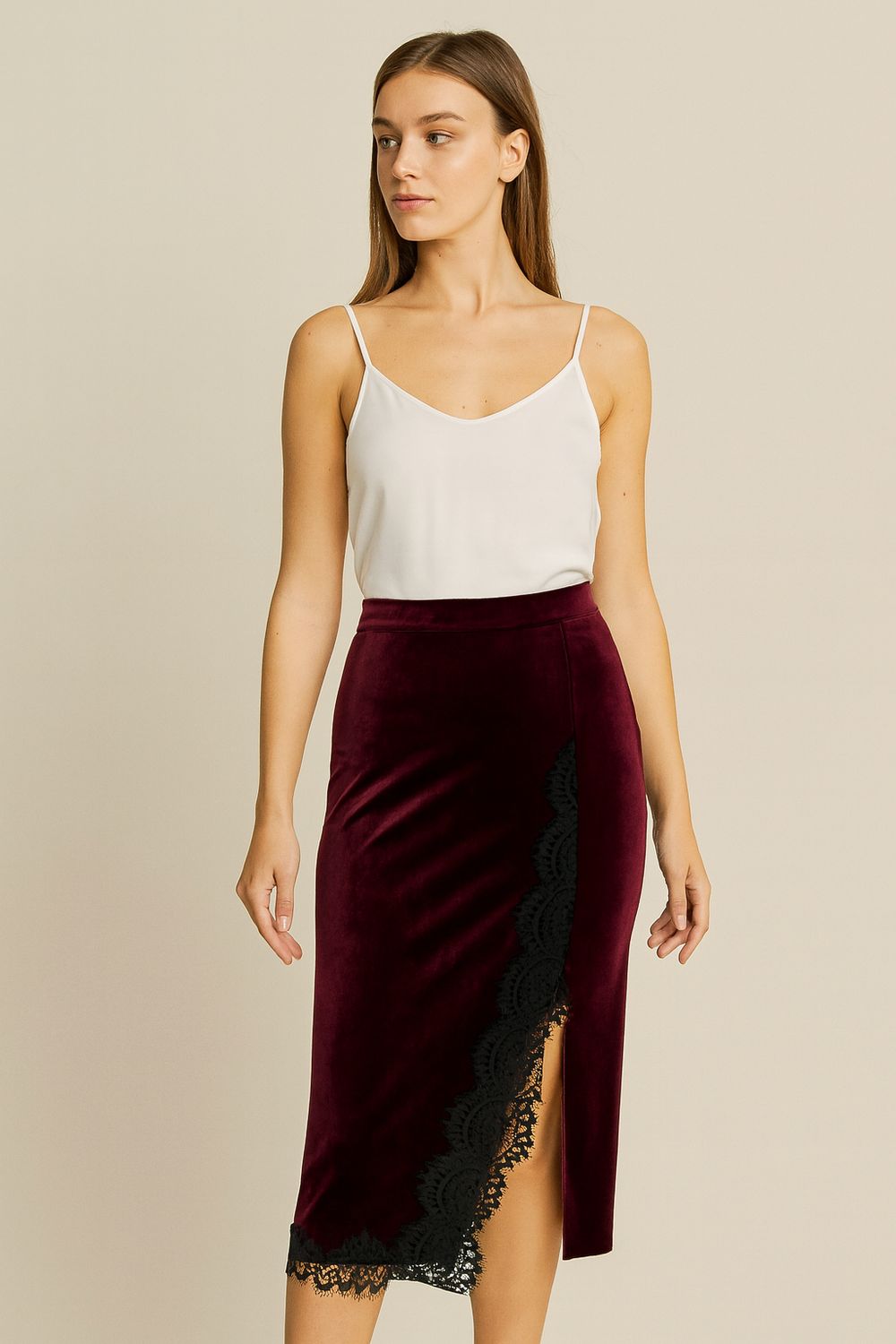 MOTEL - gonna longuette in ciniglia elasticizzata e pizzo N50316MO - bordeaux