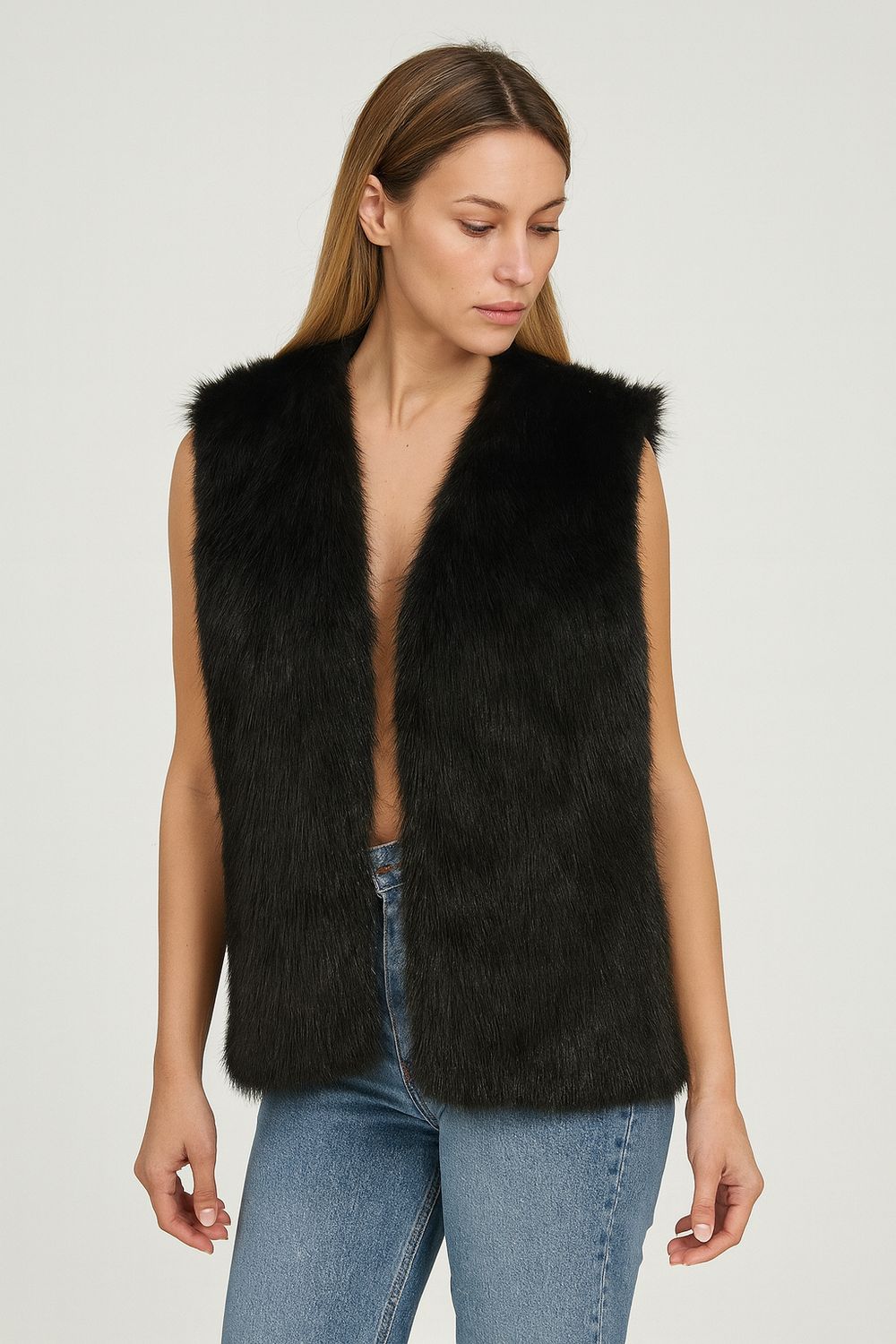 TENSIONE IN - gilet in pelliccia ecologica e maglia W5HMG81A400 - nero/camel TENSIONE IN - gilet in pelliccia ecologica e maglia W5HMG81A400 - nero/camel