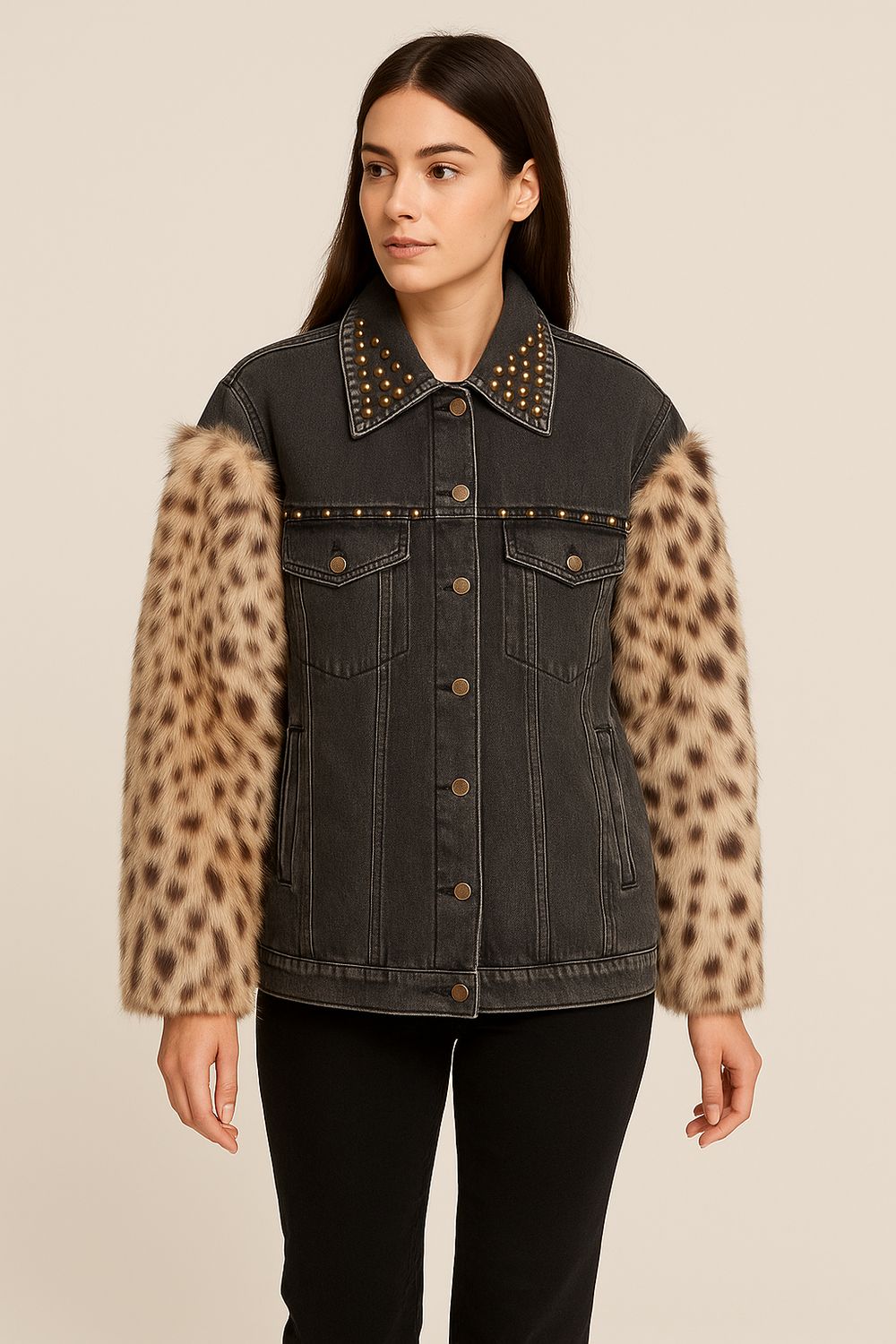 TENSIONE IN - giubbotto in jeans e eco pelliccia con borchie W25J431 - nero