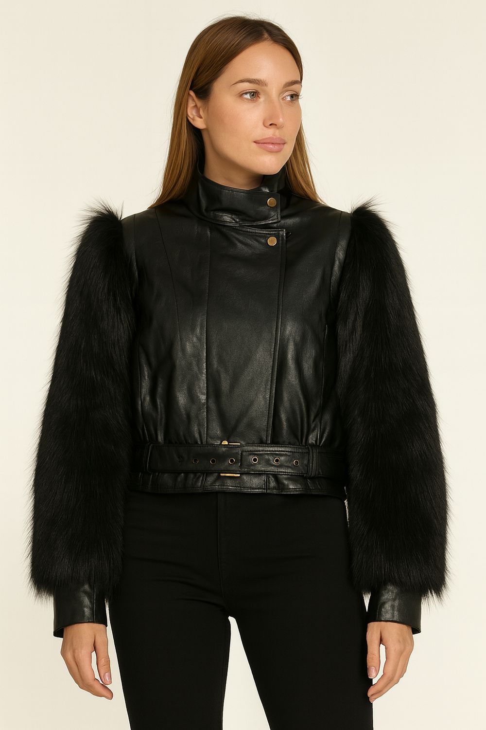 TENSIONE IN - giacca in ecopelle e maniche in pelliccia ecologica FF850 - nero TENSIONE IN - giacca in ecopelle e maniche in pelliccia ecologica FF850 - nero