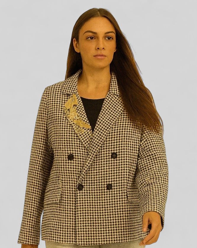 TENSIONE IN - giacca in pied de poule doppiopetto con spille 26B678 - variante blu/moro TENSIONE IN - giacca in pied de poule doppiopetto con spille 26B678 - variante blu/moro