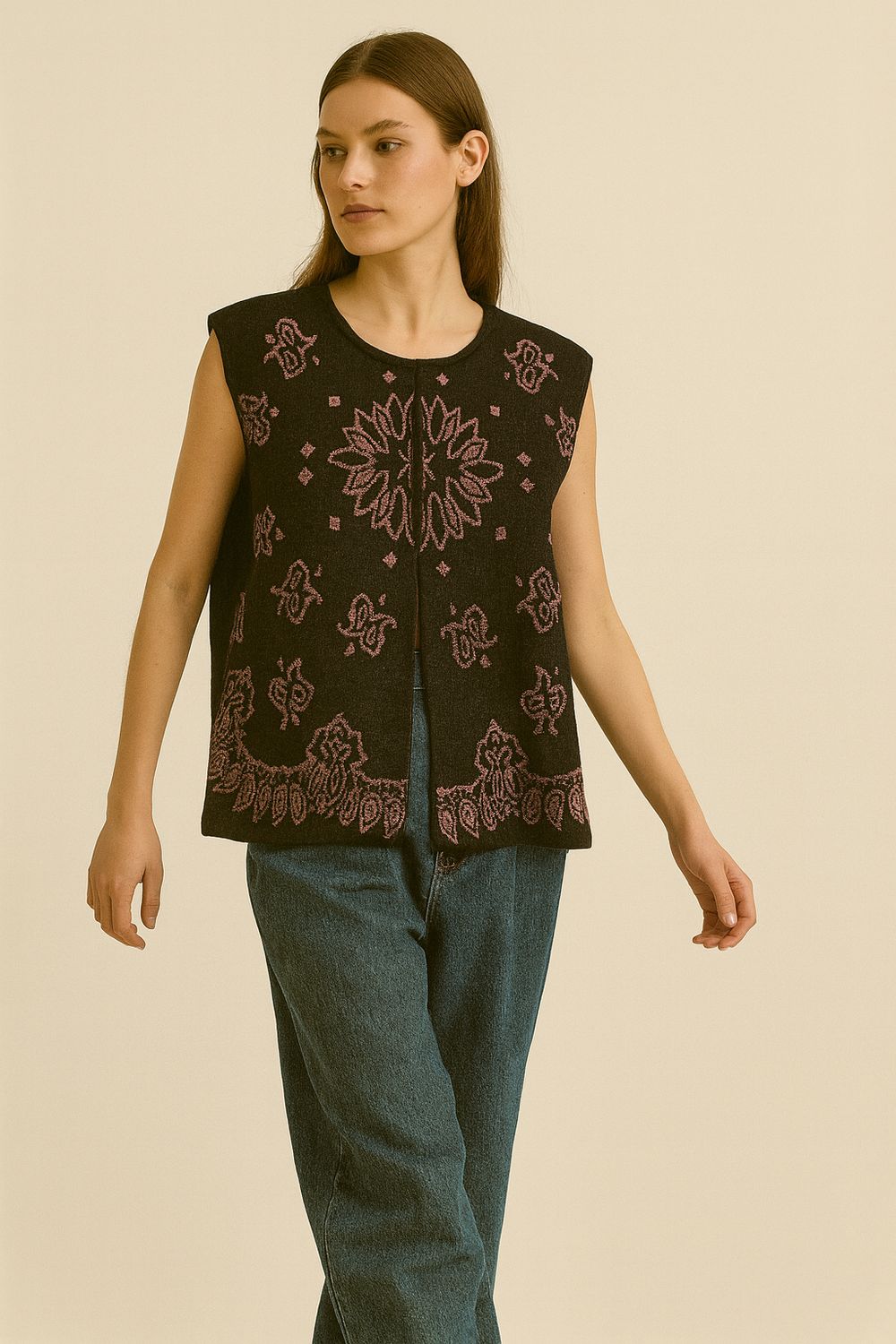 TENSIONE IN - gilet in maglia ricamato W5HMG1A400 - moro/rosa TENSIONE IN - gilet in maglia ricamato W5HMG1A400 - moro/rosa