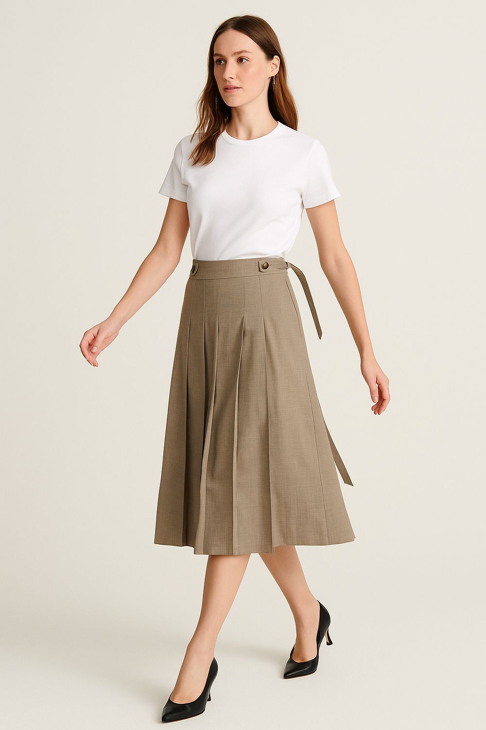 VICOLO - gonna a pieghe svasata longuette con cintura regolabile in vita ATF1581 - Tortora