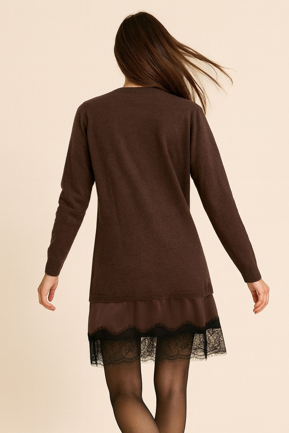 VICOLO - maglia/mini abito a V in maglia raso e pizzo 22194F - moro