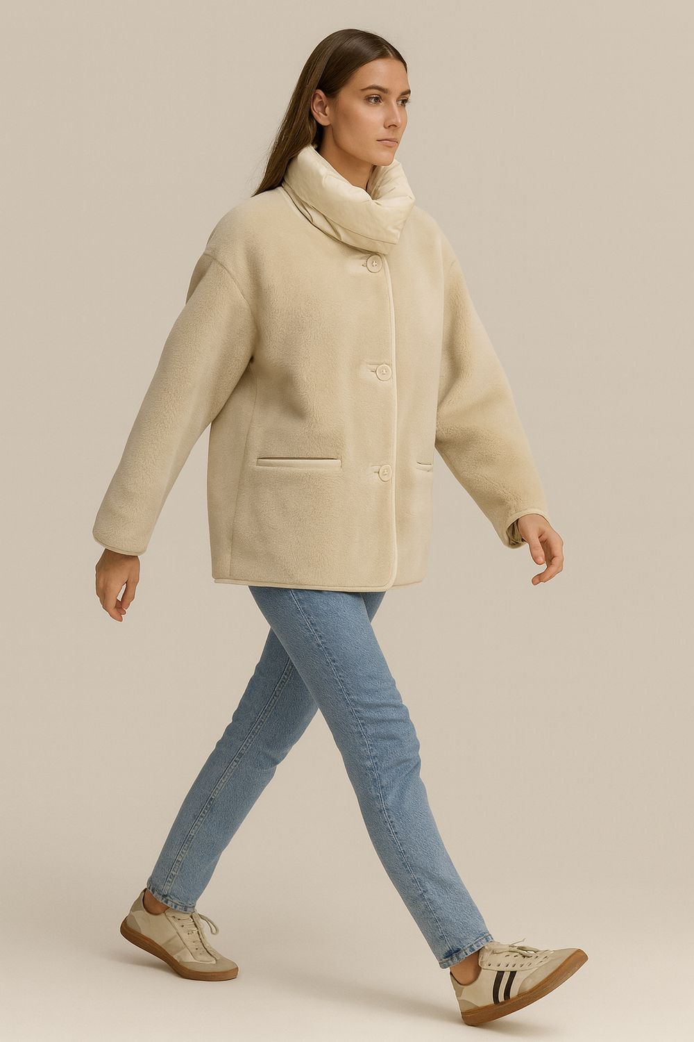 VICOLO - cappotto in e pelliccia e montone ecologico e inserti rimovibili in piumino TF0019 - panna